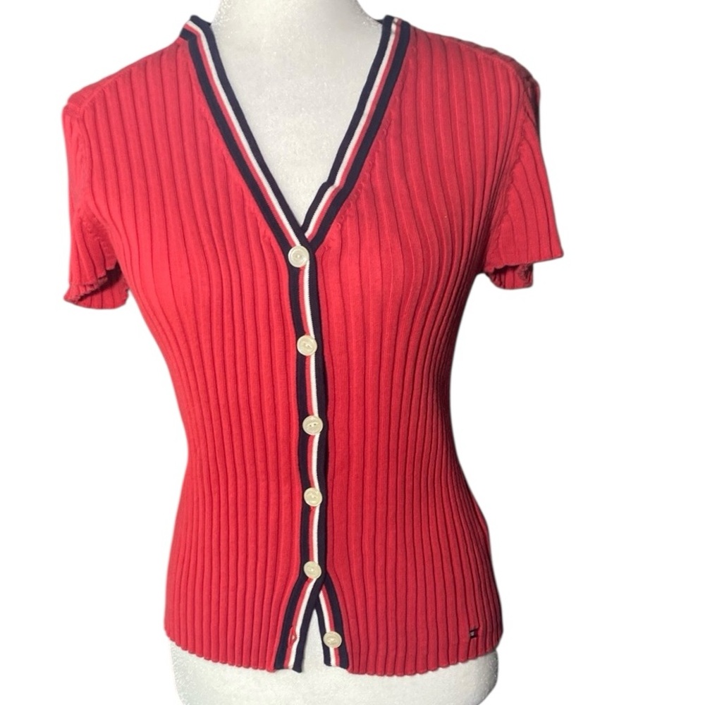 Vintage Tommy Hilfiger Red Ribbed V-Neck Blouse